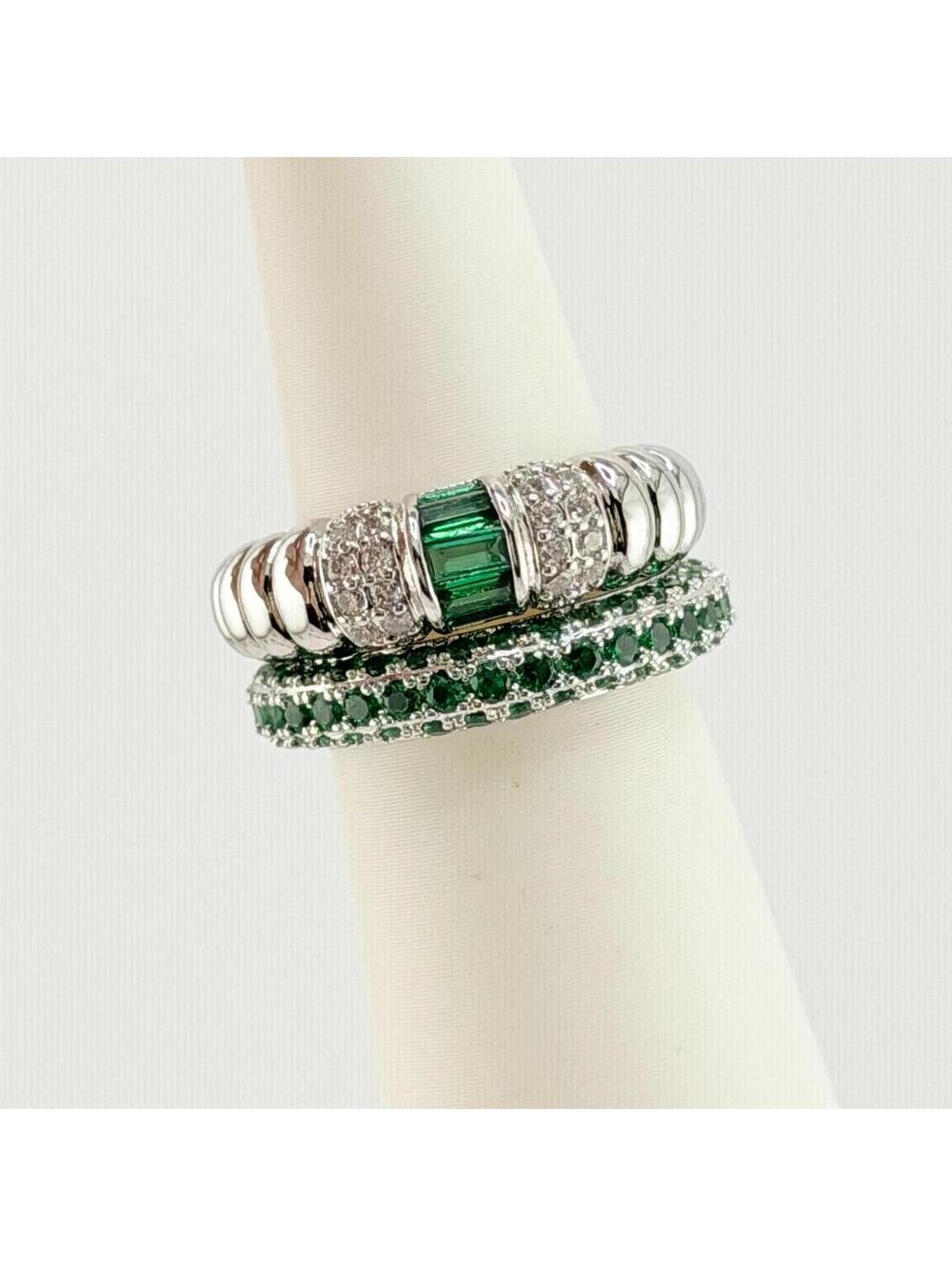 Bomb Party May 2pc Ring Size 11 “Evergreen” Lab Created Emerald on Rhodium